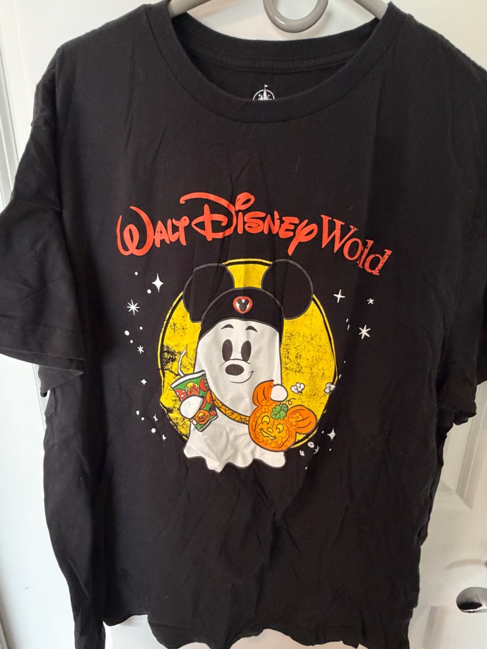 Disney Black Halloween Mickey Ghost Graphic Tee with Yellow Pumpkin Accent